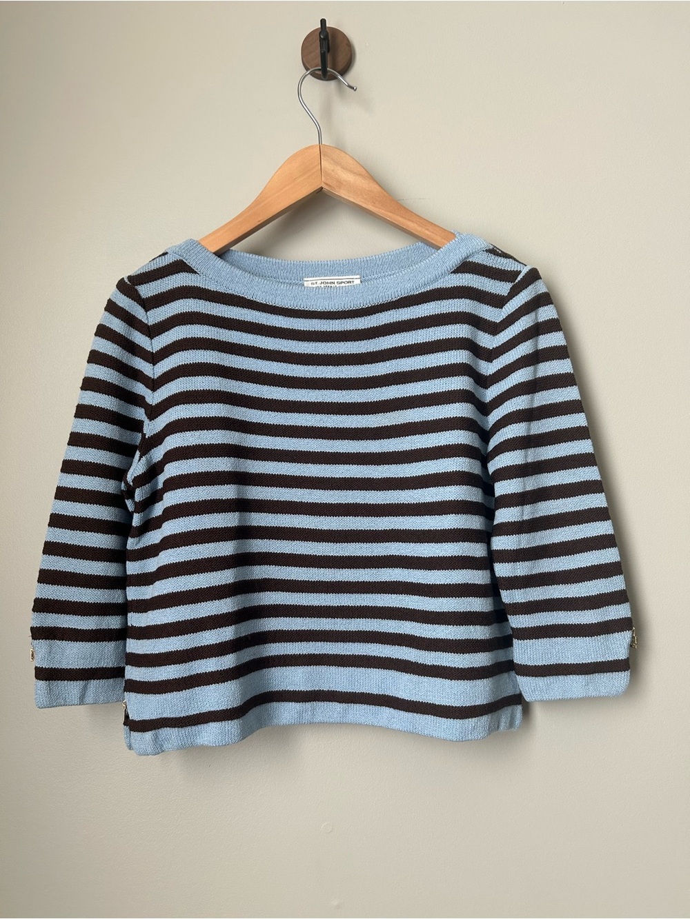 St. John Sport Marie Gray Blue Brown Striped Wool Knit Sweater P